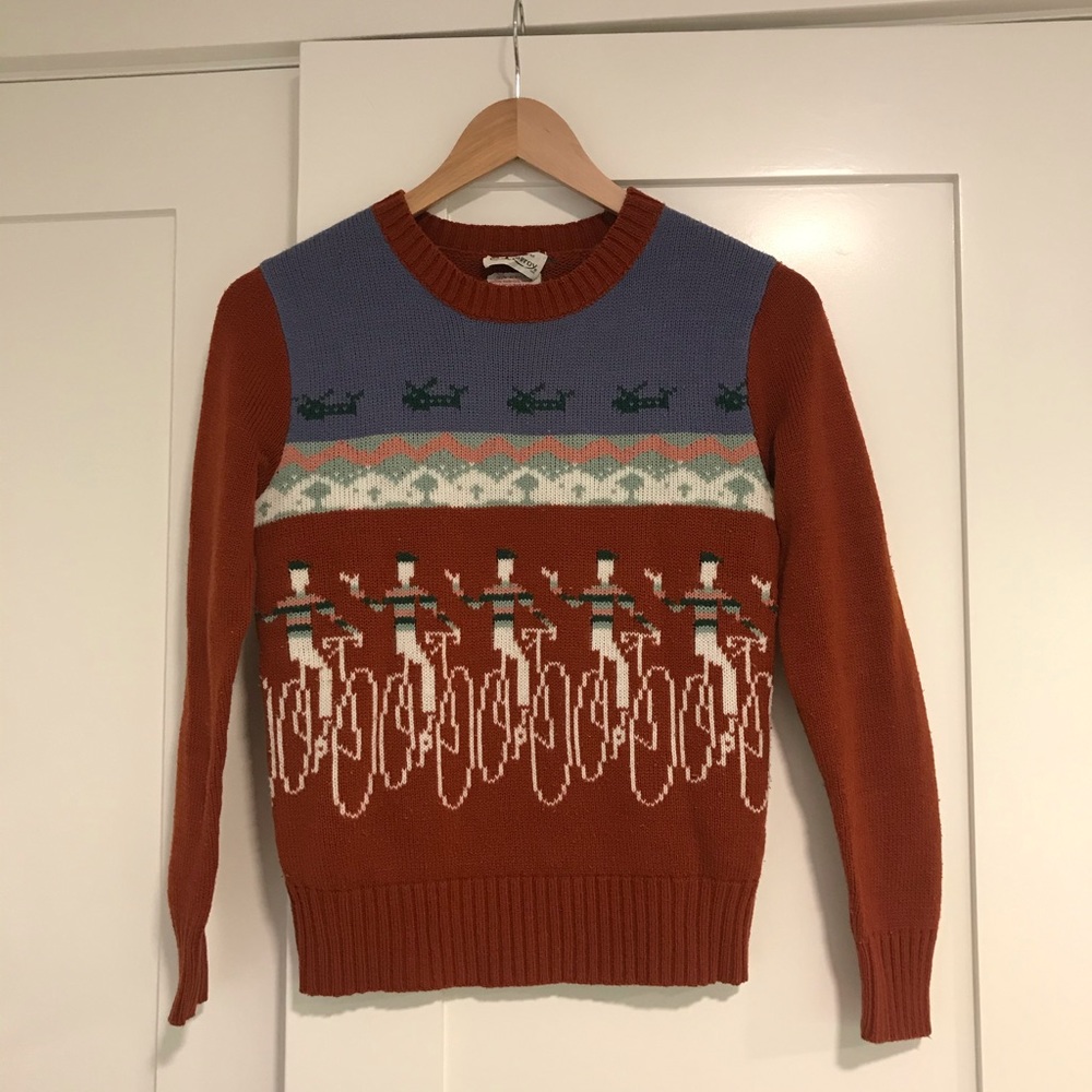 Vintage crewneck sweater with bicycles and planes